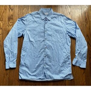 Ermenegildo Zegna Shirt Mens Large Blue White Striped Made In Italy Cotton Dress